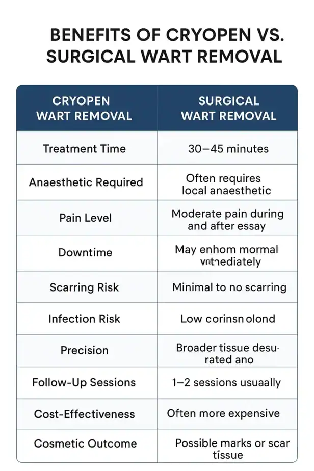 Table showing the benefits of cryopen to remove warts Ilford compared to surgical treatment